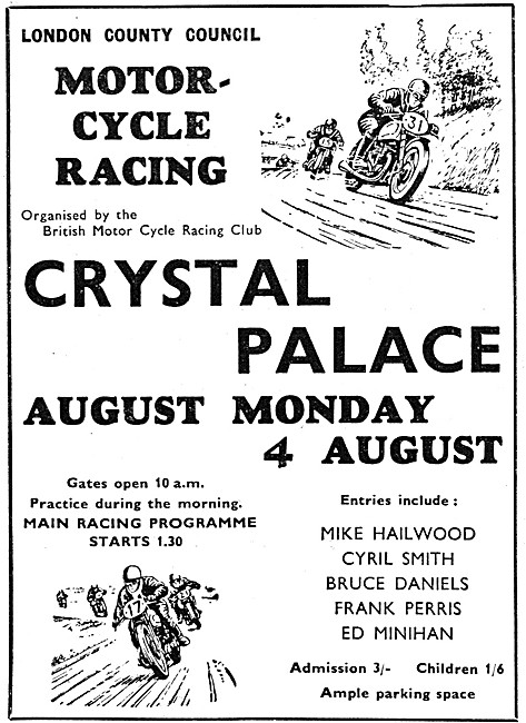 Crystal Palace Motor Cycle Racing Event Advert August 1958       