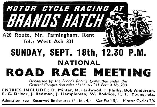 Brands Hatch Motor Cycle Road Race Meeting Sept 18th 1960        