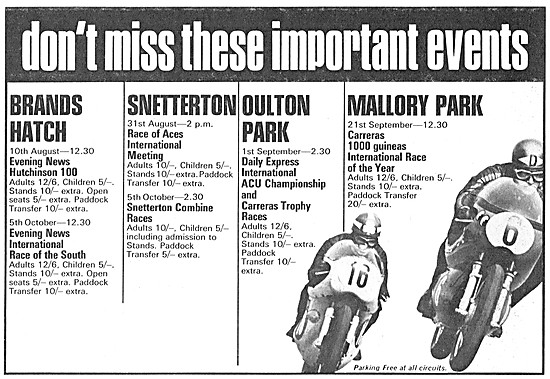 Motorcycle Racing Events Calendar August 1969                    