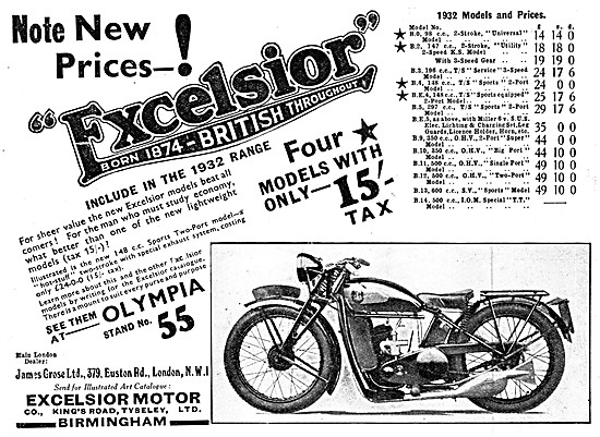 Excelsior Motor Cycles List Of Models & Prices For 1932          