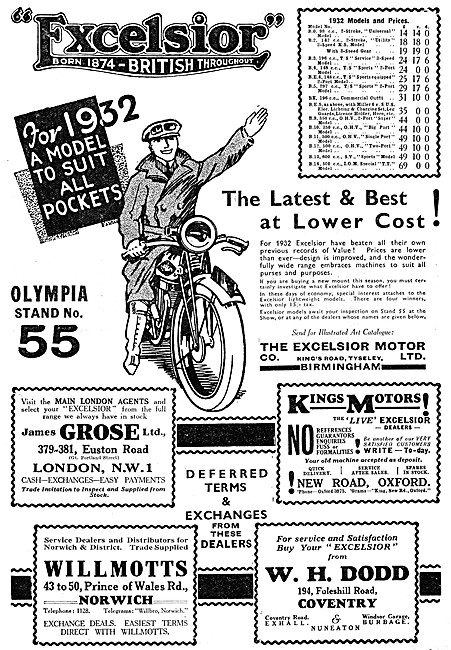 Excelsior Motor Cycles Models & Prices 1931/1932                 