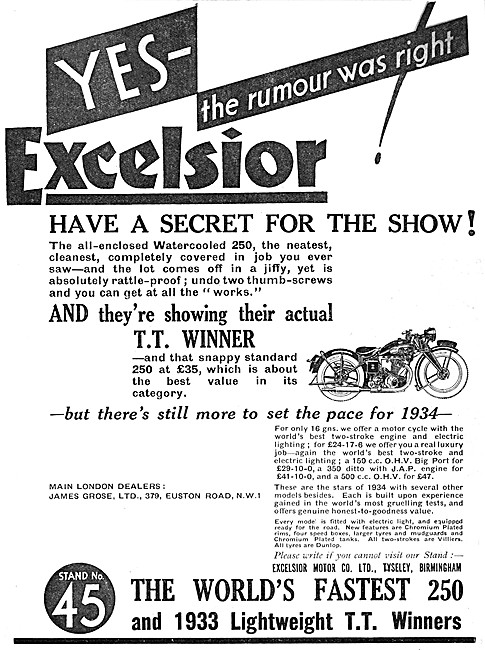 1933 Excelsior Watercooled 250 cc Motor Cycle                    