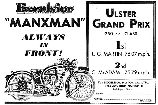 Excelsior Manxman 250 cc 1939 Advert                             