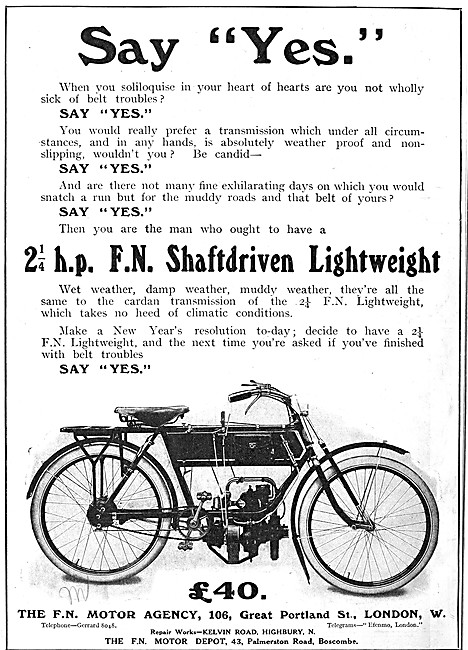 1910  F.N. 2.25 hp Shaftdriven Lightweight  Motor Cycle          