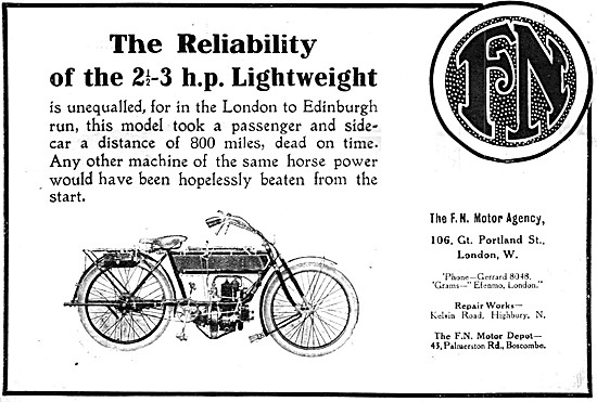 F.N. 2.5 - 3 hp Motor Cycle 1912 Models - FN Motor Cycles        