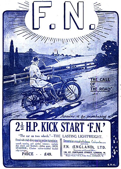 F.N.2.5 hp Kick Start Motor Cycle 1914 Advert                    