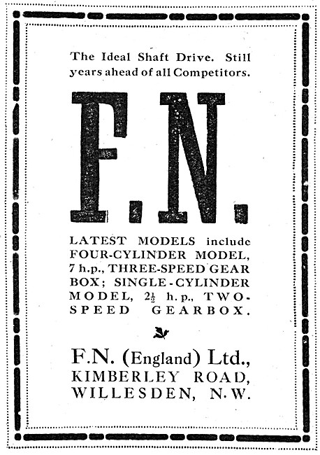 1920 F.N. 7hp Shaft Drive Motor Cycle Advert                     