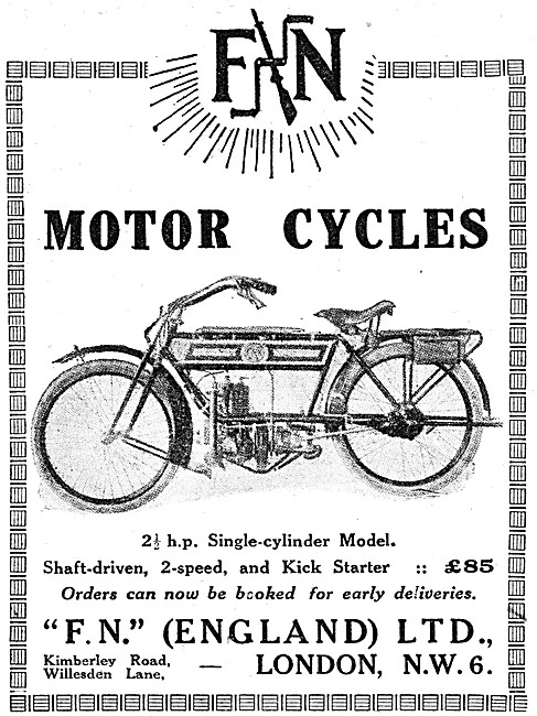 1920 F.N.2 1/2 hp Shaft Drive Motor Cycle                        