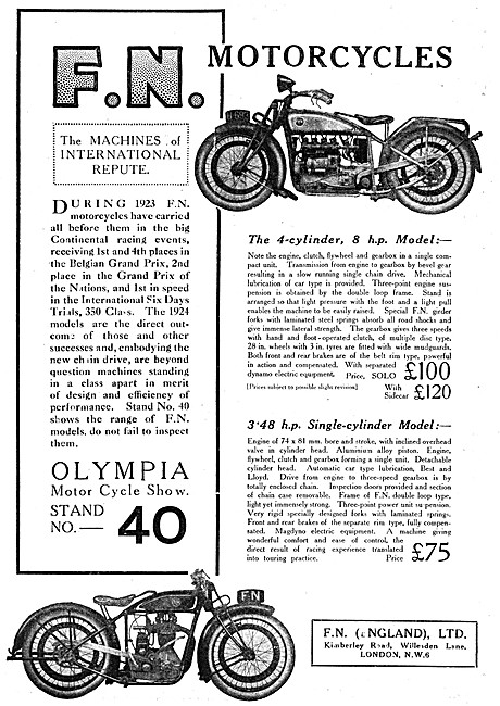1923 F.N. 8 hp Four-Cylinder Motor Cycle                         