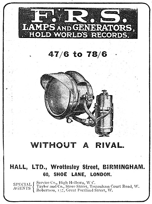 Hall F.R.S.Motor Cycle Lamps & Generators 1912                   