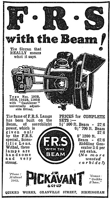 FRS Motorcycle Lamps - FRS Motor Cycle Lighting Sets 1928        