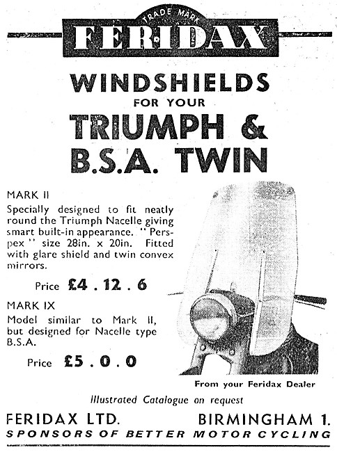 Feridax Windshields For BSA & Triumph Twins 1953 Advert          