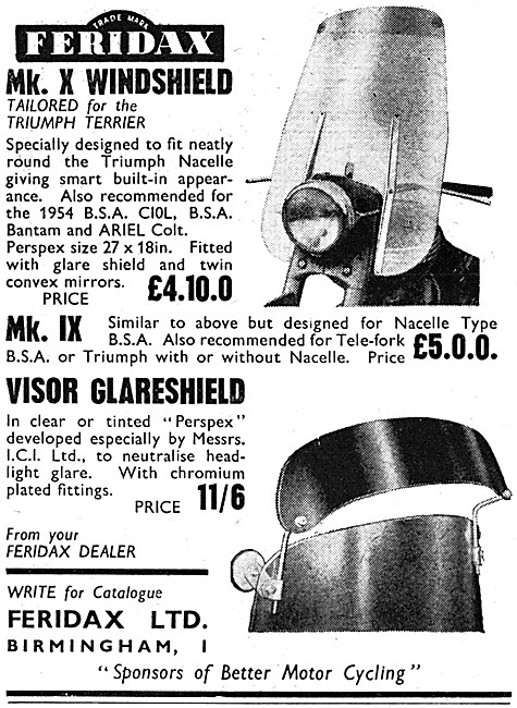 Feridax Motor Cycle Windscreens 1954                             