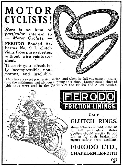 Ferodo Brake Linings 1920 Advert - Ferodo Friction Linings       