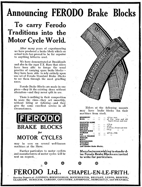 1921 Ferodo Motor Cycle Brake Blocks                             