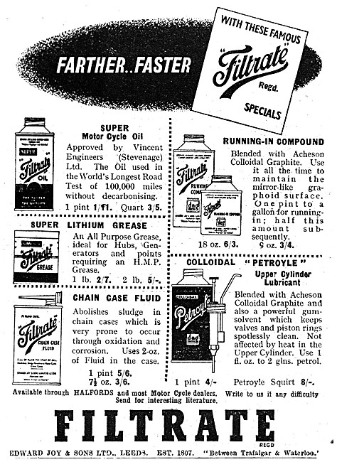 The 1954 Filtrate Motor Cycle Product Range                      