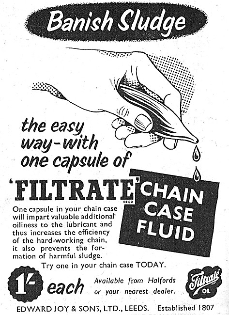 Filtrate Motorcycle Chain Case Fluid Capsules 1957 Advert        