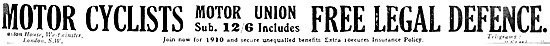 Motor Union Motor Cycle Insurance 1910 Advert                    