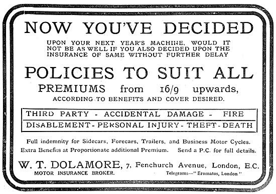 W.T.Dolamore Motor Cycle Insurance Broker 1910 Advert            