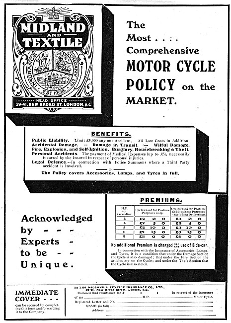  Midland & Textile Motor Cycle Insurance Policies 1921 Advert    