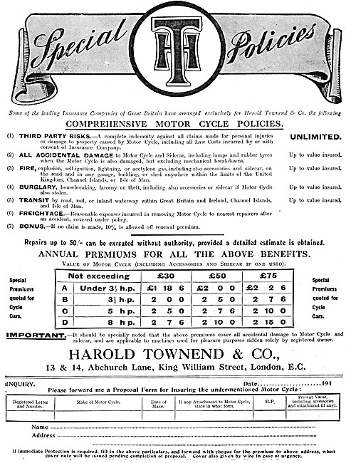 Harold Townend Motor Cycle Insurance Policies 1913               