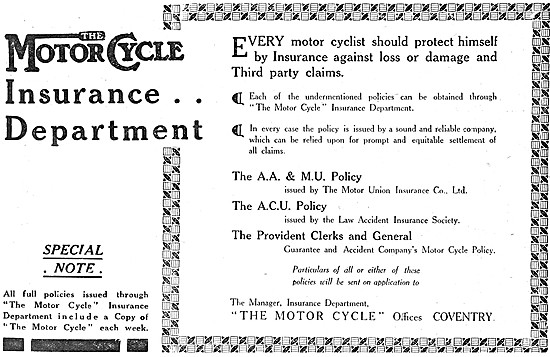 The Motor Cycle Insurance Department 1914 Advert                 