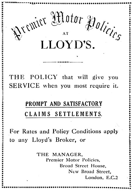 1919 Premier Motor Cycle Insurance Policies At Lloyds            