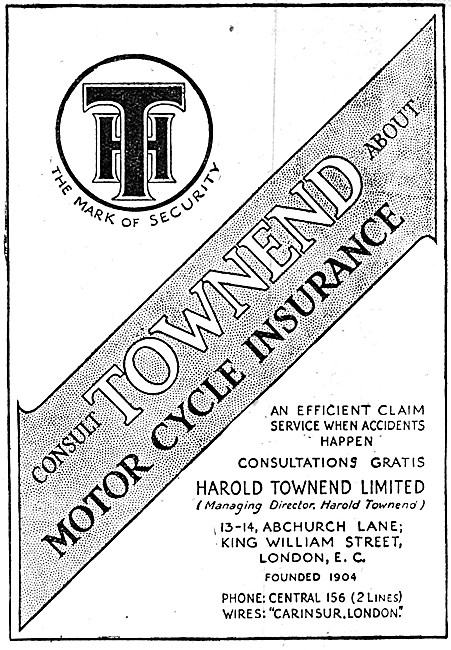 Harold Townend  Motor Cycle Insurance Broker 1919 Advert         