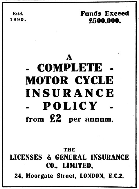 Licenses & General Motor CVycle Insurance Policies 1919 Advert   