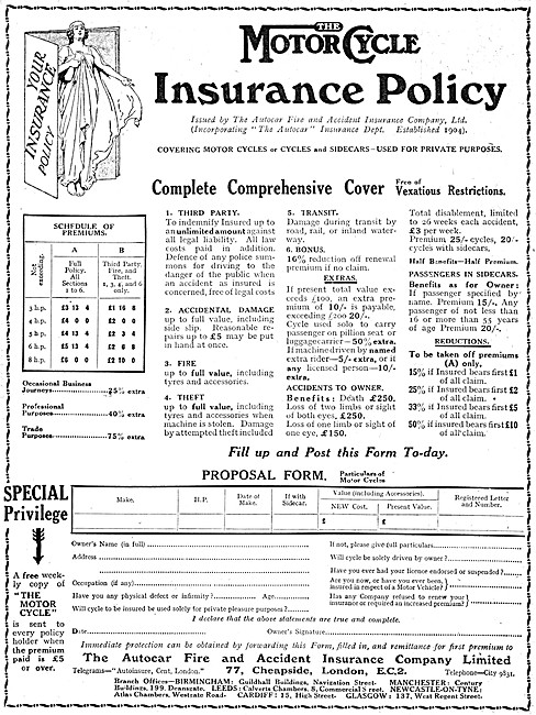 The Autocar Fire & Accident Insurance Motor Cycle Policies 1920  