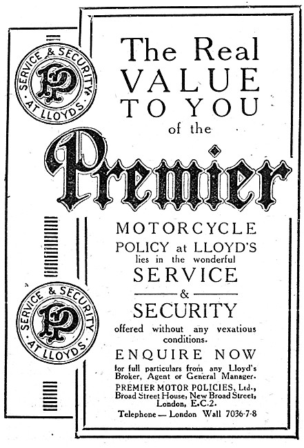 Premier Motor Policies. Motor Cycle Cover 1920 Advert            