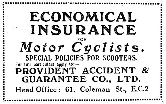 Provident  Accident & Guarantee Motor Cycle Insurance 1920 Advert