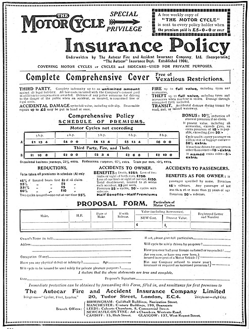The Motor Cycle Insurance Policy 1920                            