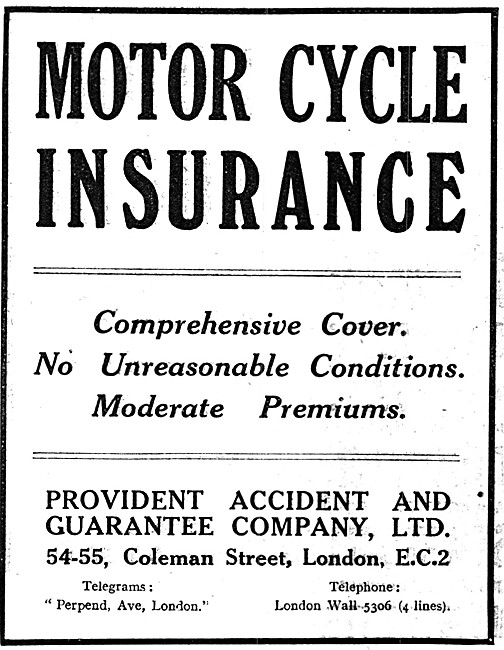 Provident Motor Cycle Insurance 1921 Advert                      
