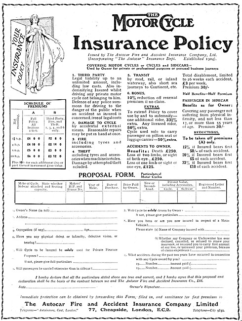 The Motor Cycle Insurance Policy Full Terms 1921 Advert          