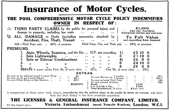 Licenses & General Insurance - Motor Cycle Policies 1921 Advert  