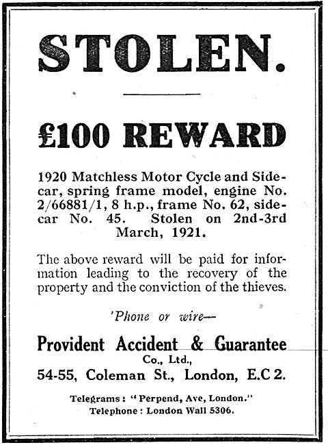 Provident Accident & Guarantee Motor Cycle Insurance 1921 Advert 