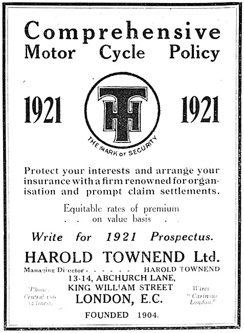 Harold Townend Motor Cycle Insurance. 1921 Advert                