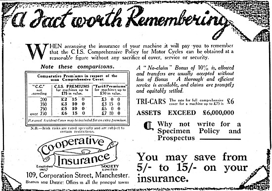 Co-Operative Motor Cycle Insurance 1927 Advert                   