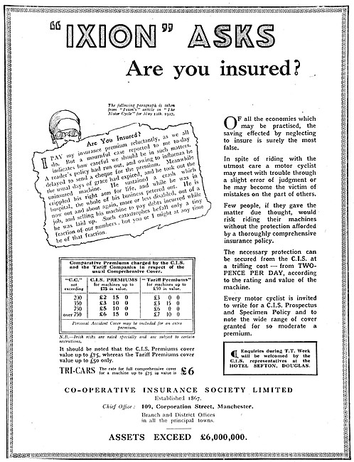 Co-Operative Motor Cycle Insurance 1927                          