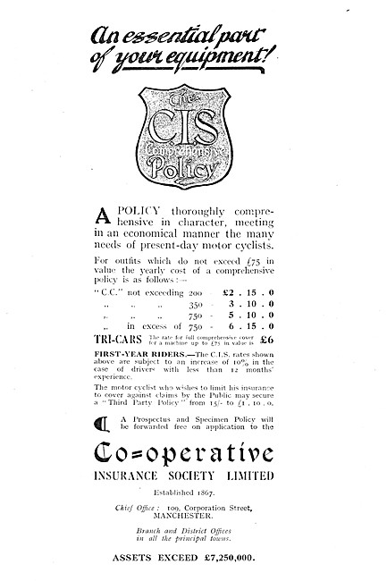 Co-Operative Motor Cycle Insurance 1928 Advert                   