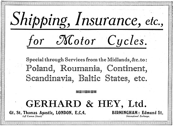 Gerhard & Hey Shipping Insurance For Motor Cycles 1930 Advert    