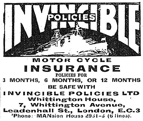 Invincible Motor Cycle Insurance Policies 1936 Advert            