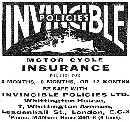 Invincible Motor Cycle Insurance 1938                            