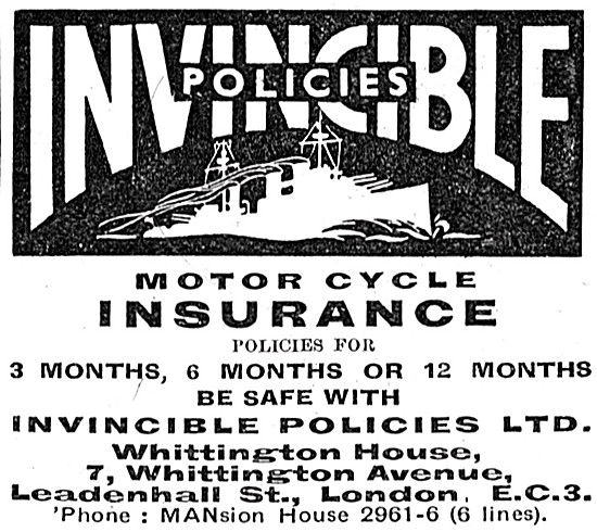 Invincible Motor Cycle Insurance Policies 1939                   