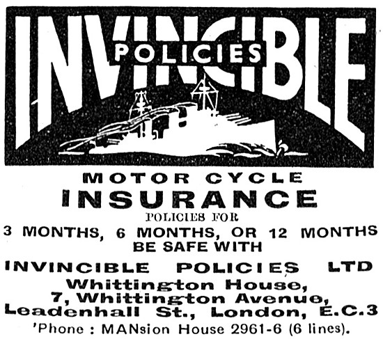 Invincible Motor Cycle Insurance Policies 1940 Advert            