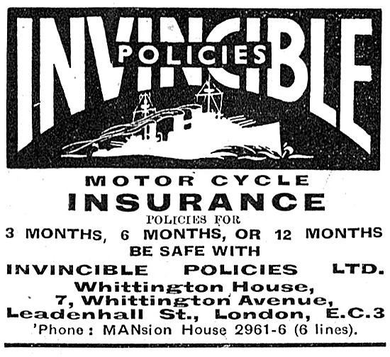 Invincible Motor Cycle Insurance Policies (1941 Advert)          