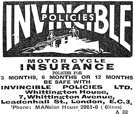 Invincible Motor Cycle Insurance Policies 1942 Advert            