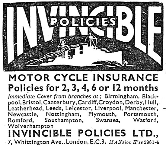Invincible Motor Cycle Insurance Policies 1948 Advert            