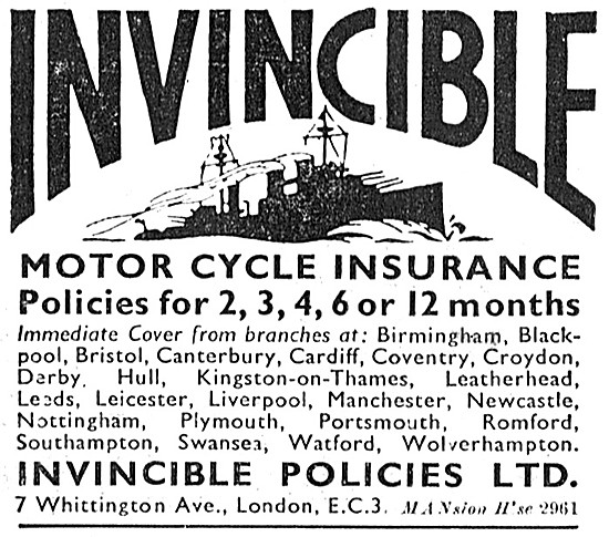 Invincible Motor Cycle Insurance Policies 1958 Advert            